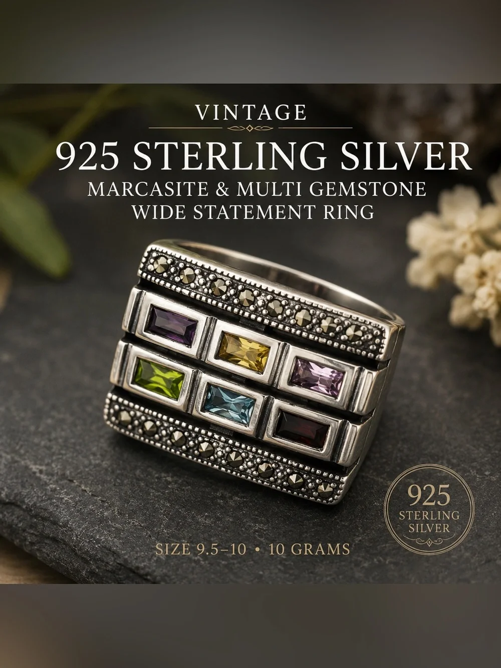 Vintage 925 Sterling Silver Marcasite Multi Gemstone Statement Ring